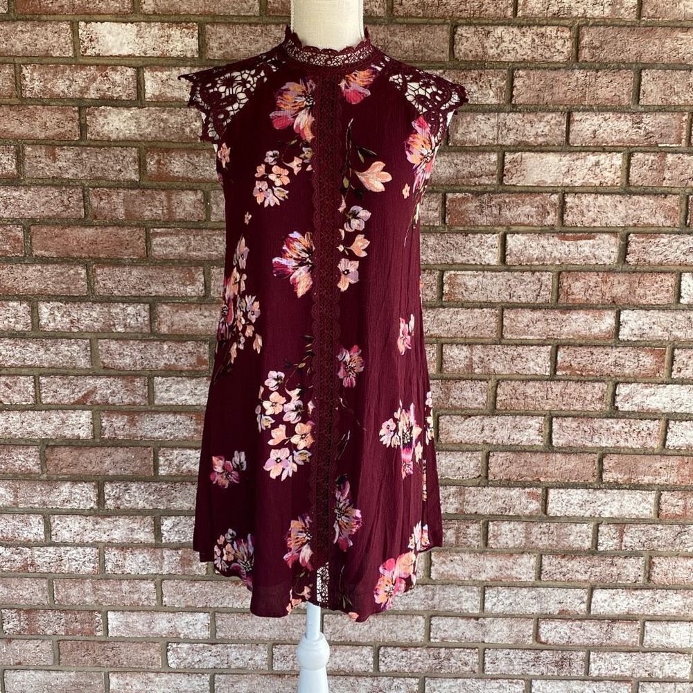 Altar'd State Wine Floral Lace Trim Lined Dress Size S